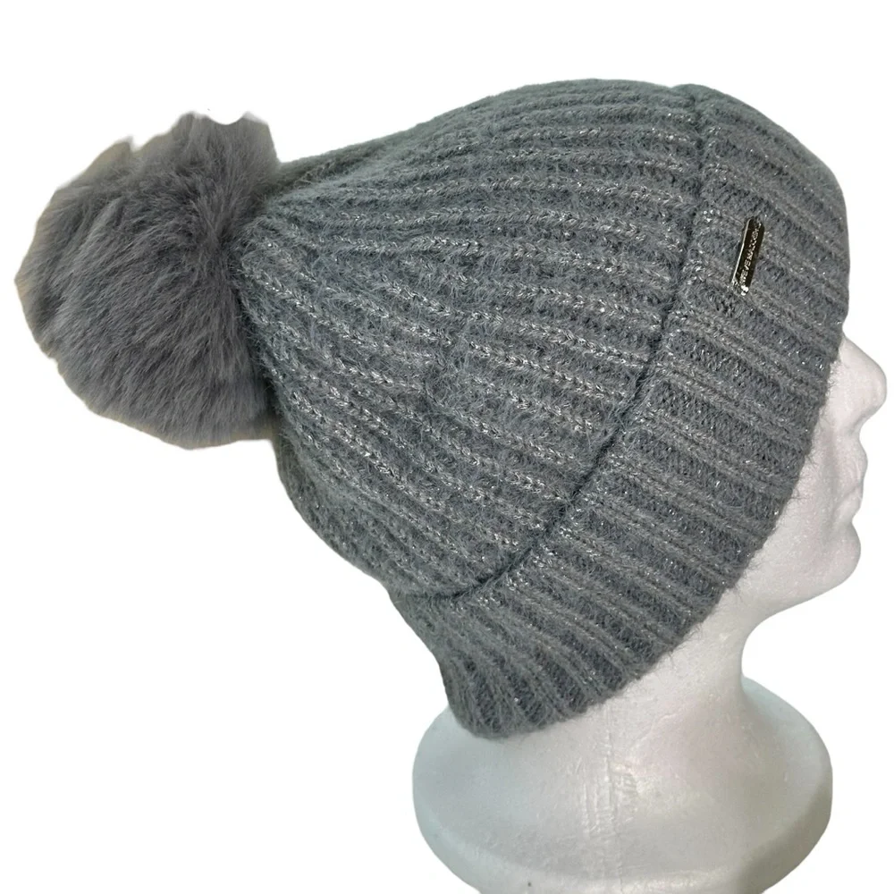 Steve Madden Women's Eldridge Sparkle Rib Knit Faux Fur Pom Beanie New!